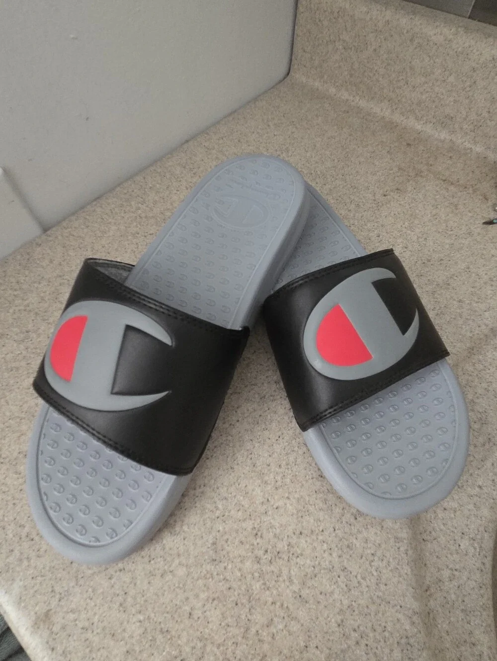 Champion IPO Men Large Logo Slides Sandals Flip Flops Size 8 Black White New